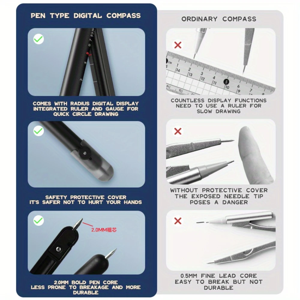 بوصلة هندسية معدنية متعددة الوظائف مع شاشة ديجيتال، بوصلة هندسية مبتكرة على شكل قلم، أداة رسم للطلاب