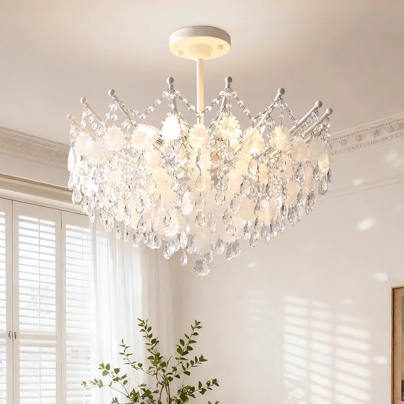 

French Medieval White Shell Crystal E14 Chandeliers Retro Living Dining Room Decor Pendant Lights Lighting Bedroom Lamp Fixtures