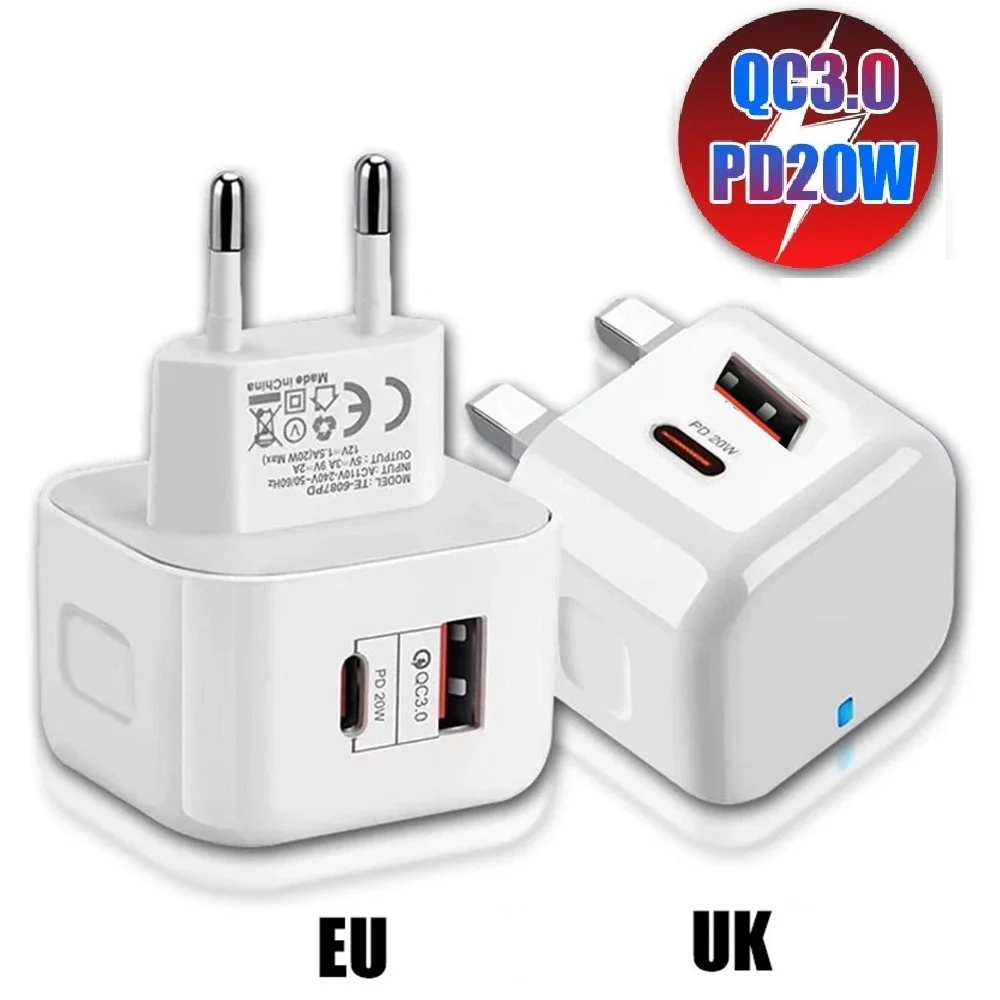 EU UK 20W Dual Ports Type c USB C PD Wall Charger Fast Quick Charging Power Adapters For IPhone 12 13 14 15 pro Samsung htc lg