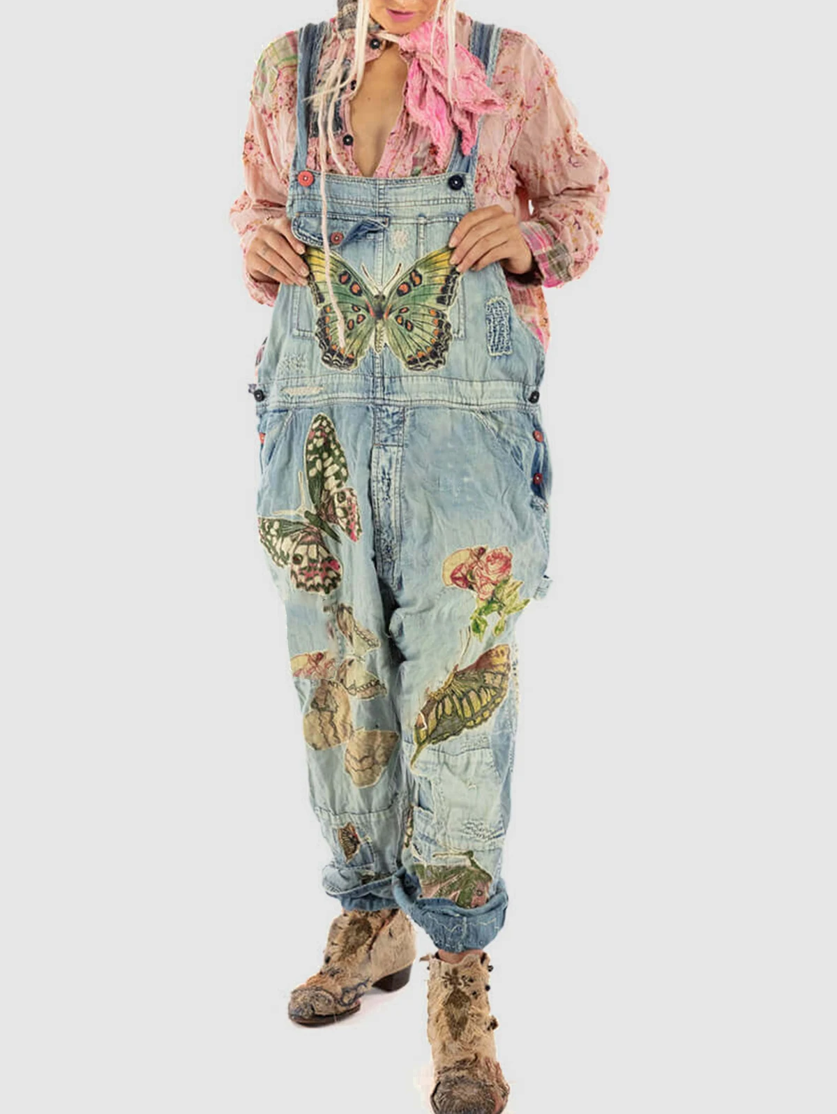 Fashion Streetwear Floral Butterfly Denim Jumpsuit Women Loose Wide Leg Pants Rompers Big Size Pockets Straps Jeans Overalls