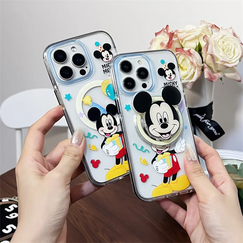 Cute Disney Cartoon Color Balloon Mickey Funny Magsafe Wireless Charge Phone Case For iPhone 13 14 15 Pro Max Magnetic Holder