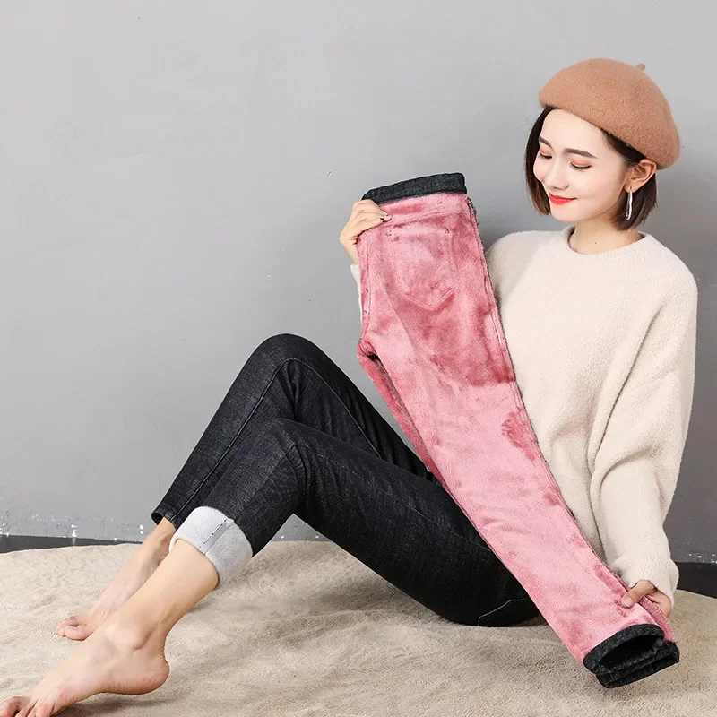 Women Thermal Jeans Winter Snow Warm Plush Stretch Jeans Lady Skinny Thicken Fleece Denim Long Pants Retro Blue Pencil Trousers