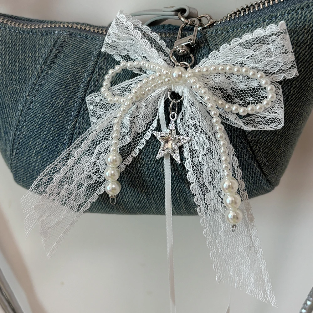 Lace Bow Sparkling Star Keychain New Exquisite Sweet Ballet Ribbon White Ribbon Keychain Hand-held Charter Key Accessories Gift