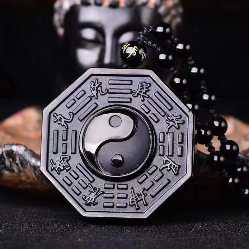 Obsidian Yin Yang Bagua Necklace Chinese Feng Shui Protection Amulet Pendant Rotatable Tai Chi Charm With Adjustable Black Bead Chain Spiritual Healing Gemstone Necklaces for Men Women
