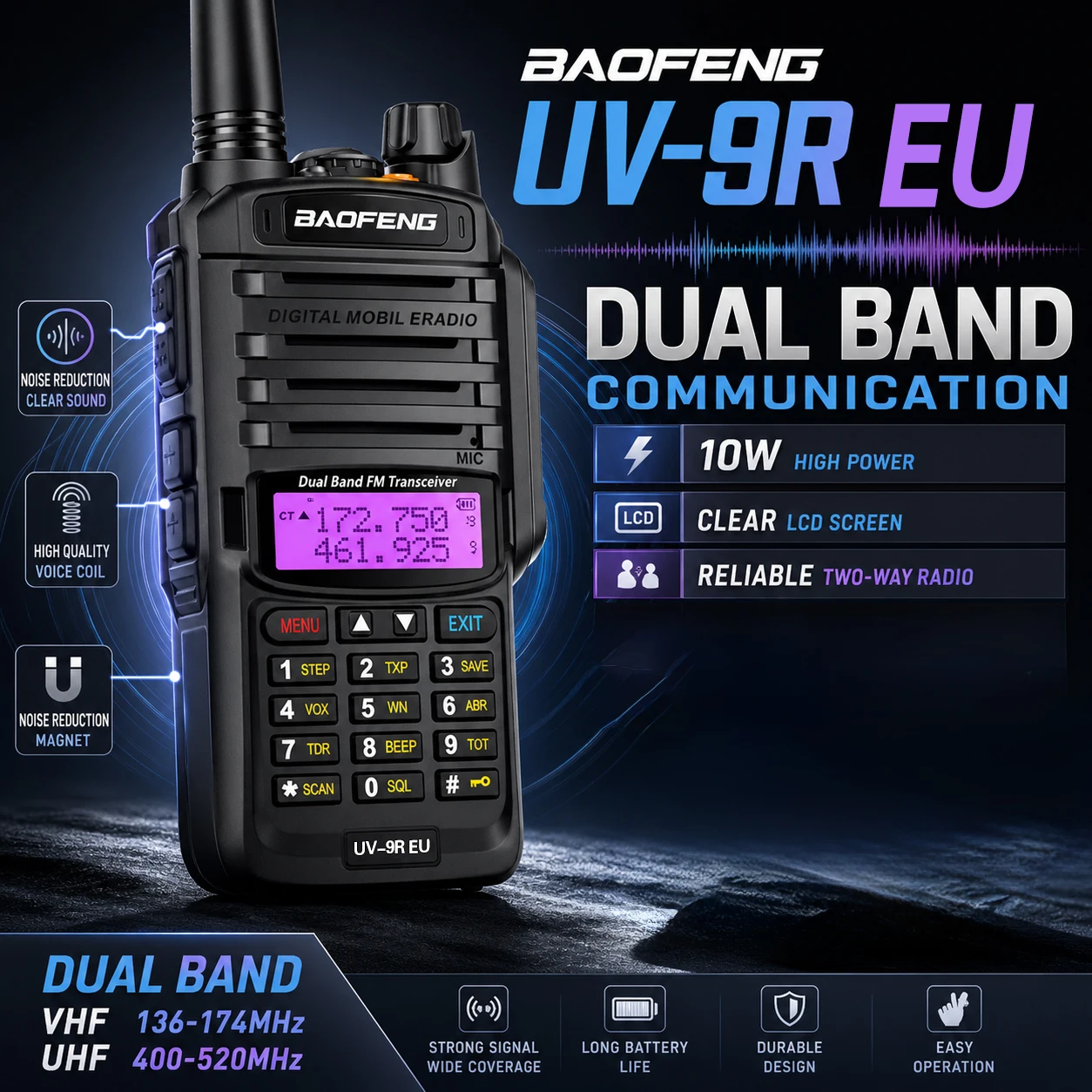 

Baofeng UV-9R EU Professional Commercial Walkie Talkie IP45 Waterproof Dual Band Two Way Radio Hotel Mall Property Factory