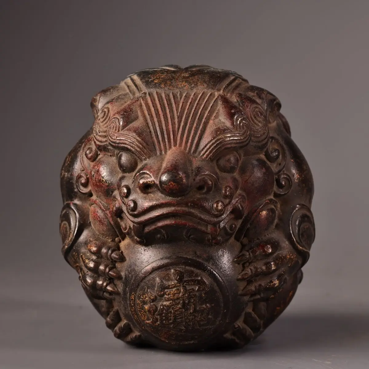 Antique Solid Brass Lion Playing Hydrangea Ball Statue Chinese Auspicious Copper Curio Feng Shui Decor