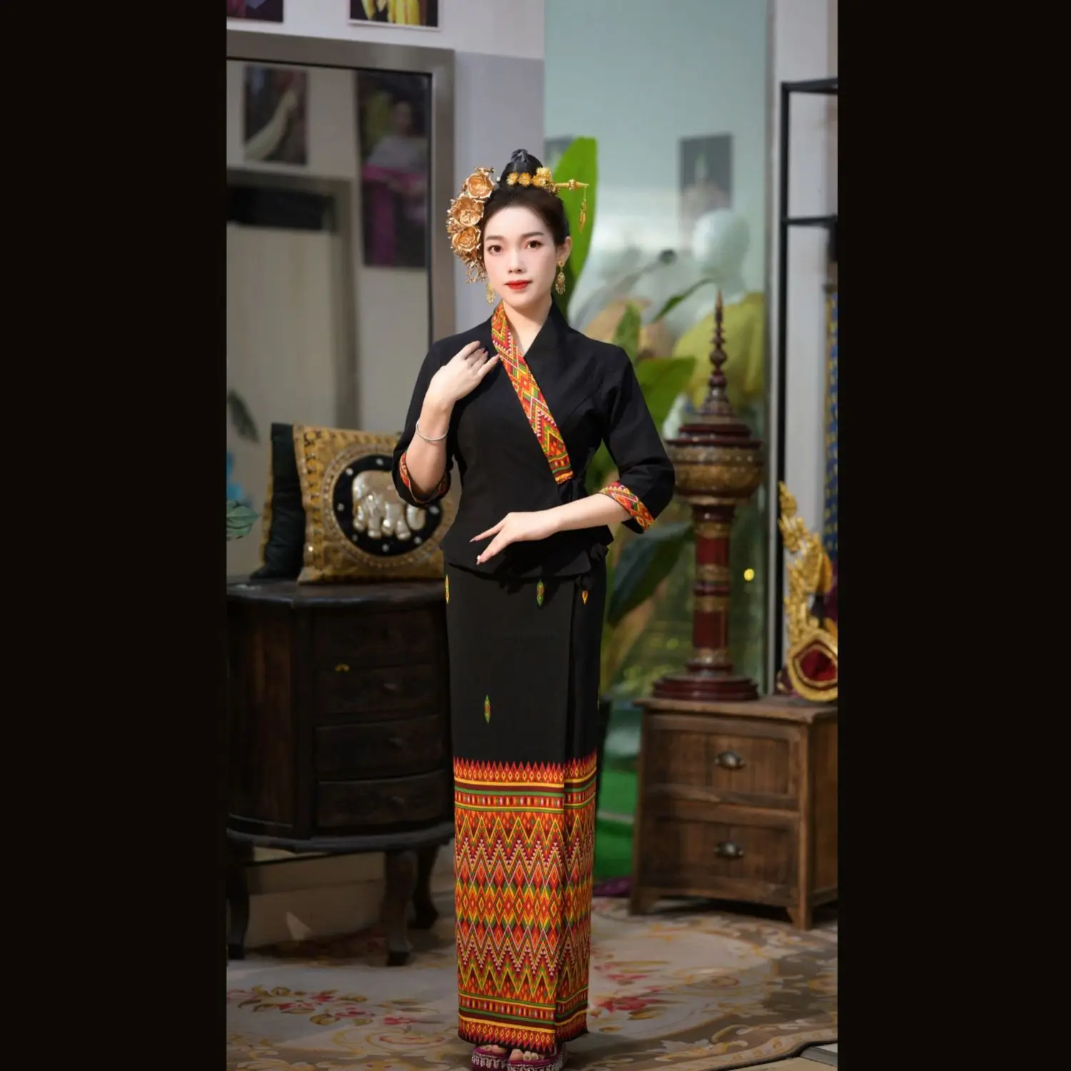 

Thailand Traditional Women Elegant Daily Clothes Garment Dai Minority Festival Travel Black Thaiclothing Lady Photography Set