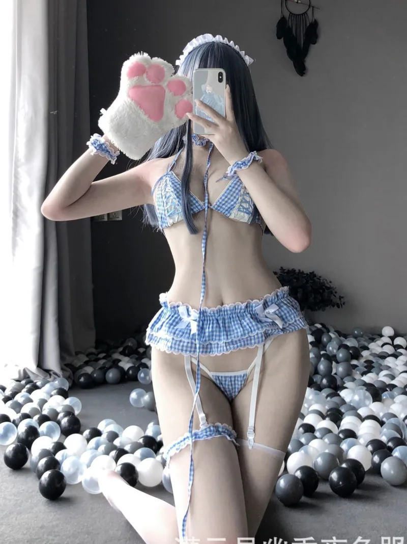 

Sexy Blue Three Point Lovely Maid Role Playing Jumpsuits Erotic Plaid Design Sense Mature Elegant Romantic Slim Thin Soft EWLP