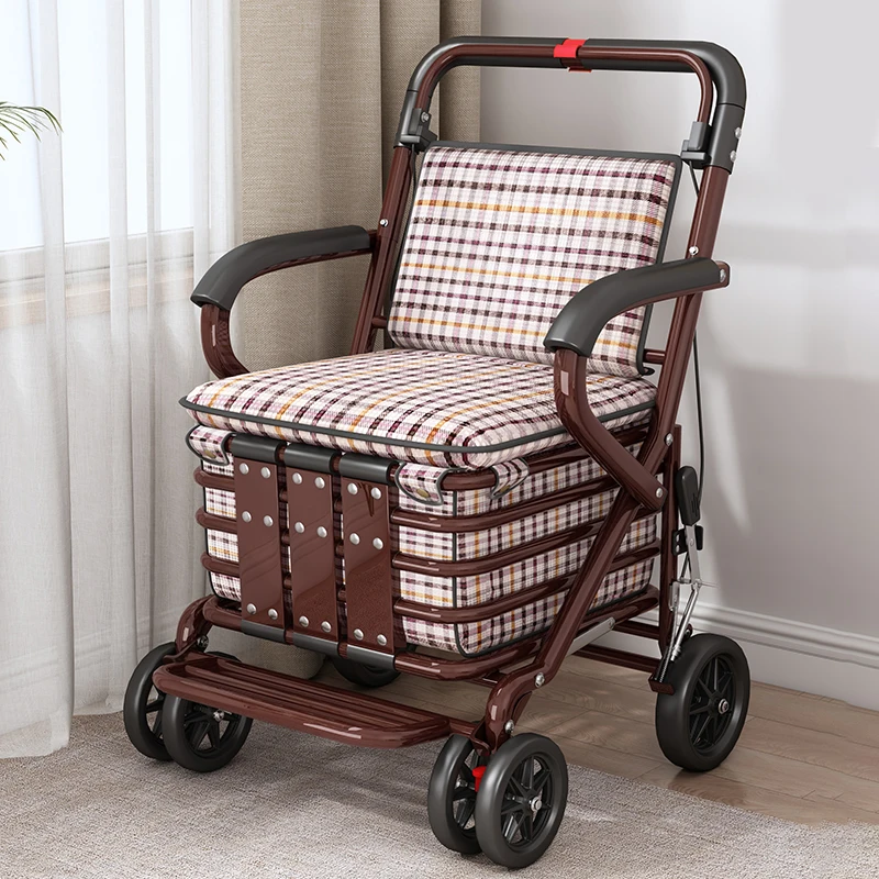 Foldable Shopping Cart with Seat 4 Wheel Walker Push Cart Large Capacity Grocery Trolley for Elderly Outdoor Mobility
