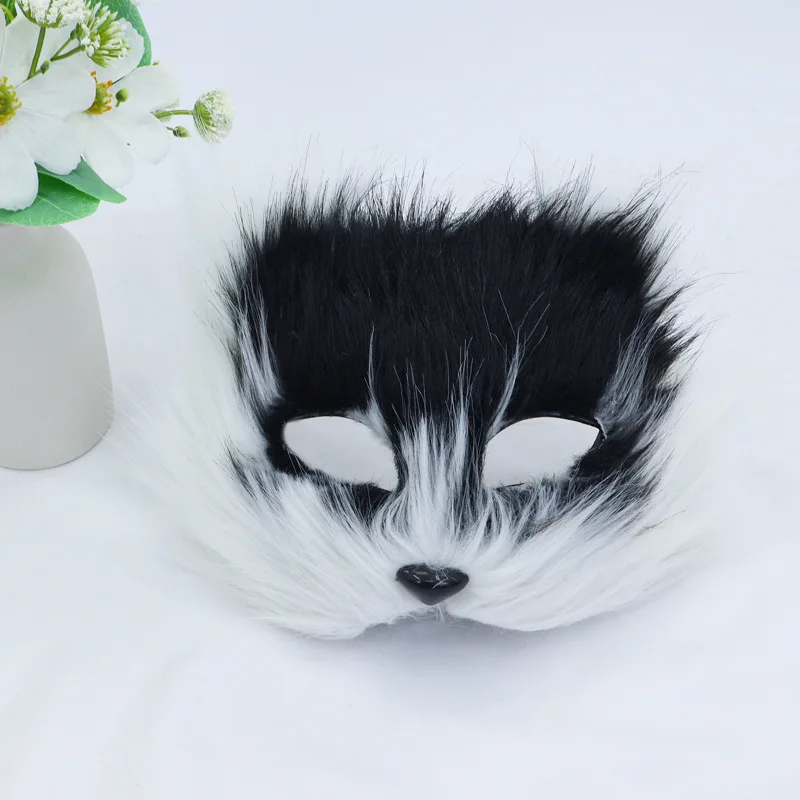 

Halloween Fox Mask with Streaked Fur Grey White Tips Plush Half Face Cover Masquerade Costume Party Furry Carnival Cosplay