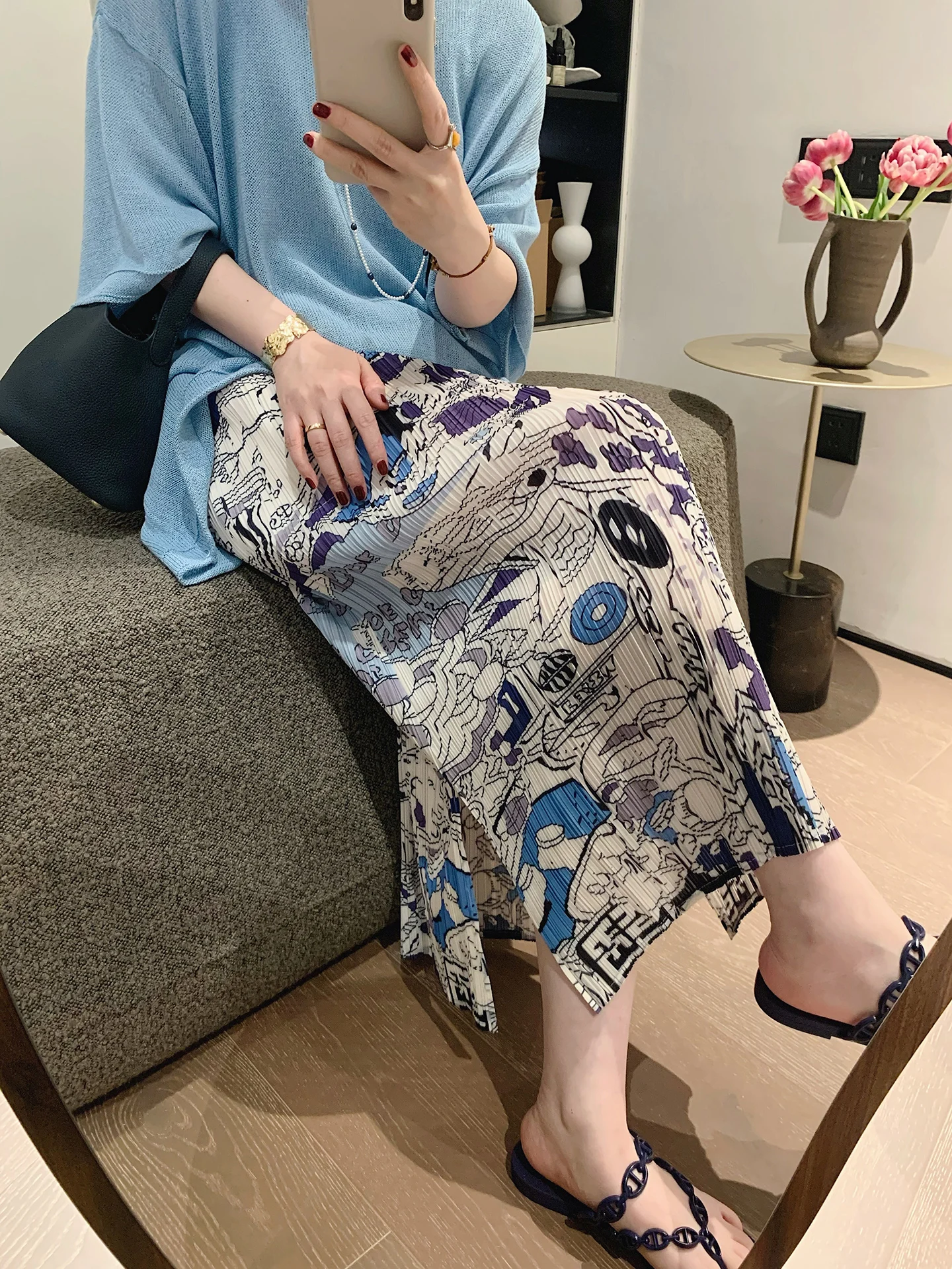 

Misslady Retro Pleated Slimming Floral Print Split High Waist Midi Skirt Women's Spring Summer New Straight Cotton Gauze Skirt