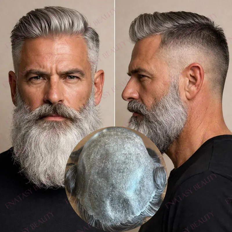 1B65 Super Natural Hairline 100% Human Hair Male Wigs Durable 0.1mm Full PU Base Men Toupee Grey Old Man Brown Black Hairpieceas