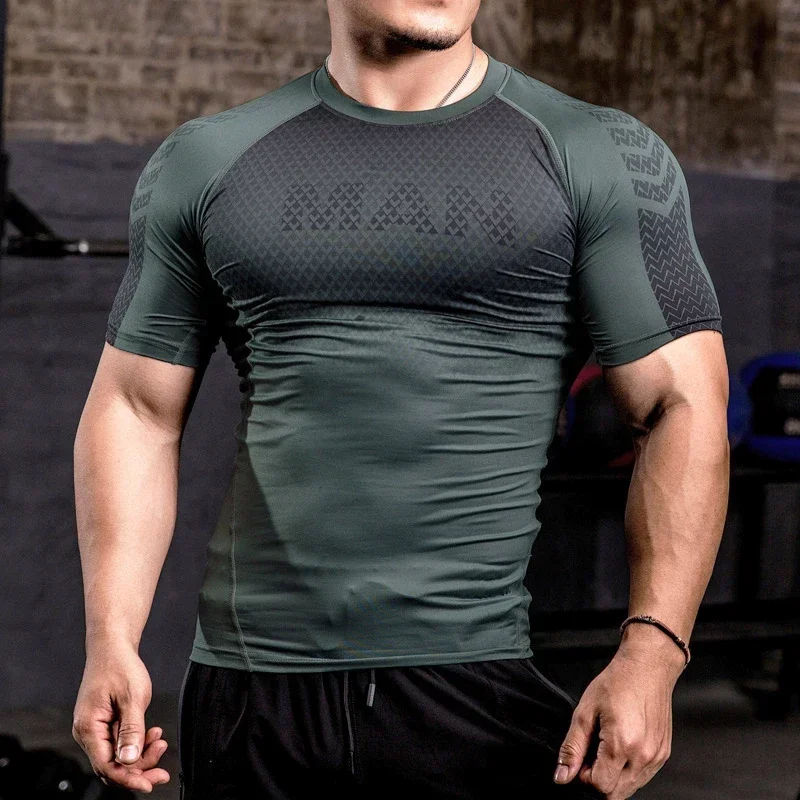 New Top Sports Running Shirt Mens T-shirt Fitness Quick Dry Gym Work Out Elastic Tights Muscle Compression MMA Clothing