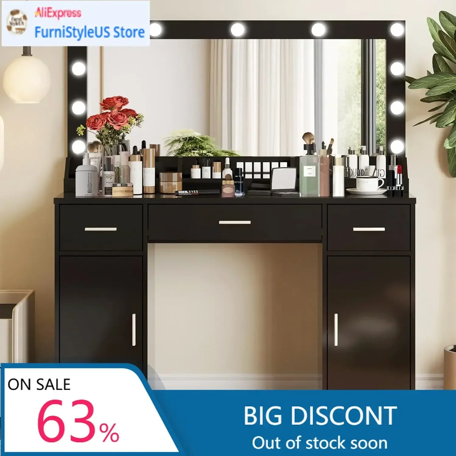 MIRROTOWEL 47.5” Vanity Desk with Large Mirror, 3 Colour Lighting Modes, Adjustable Brightness, Dresser with 3 Drawers & 2 Verti