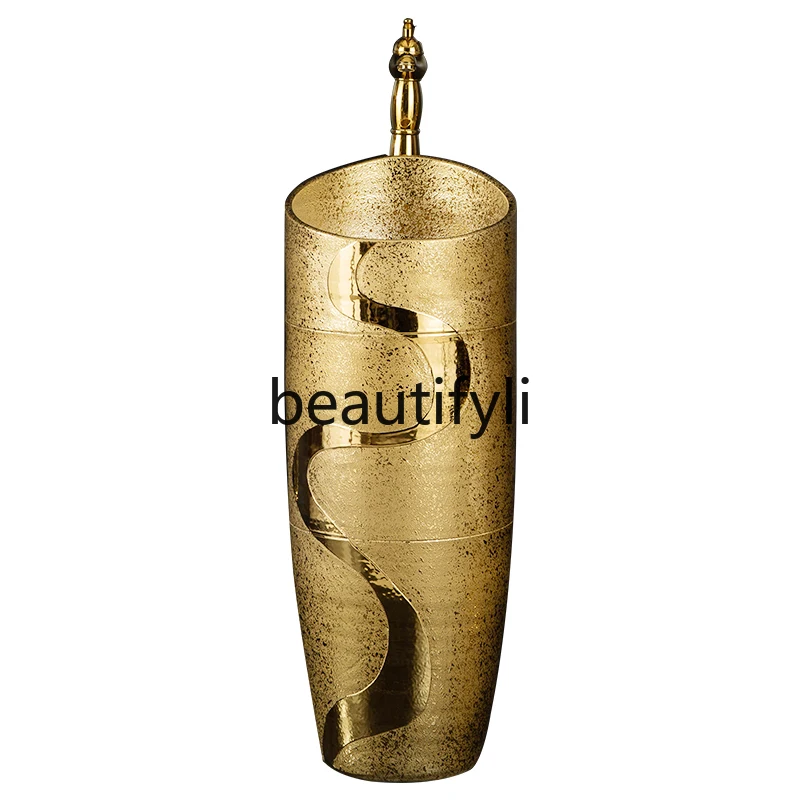 European luxury gold-plated column basin small apartment nightclub club gold one-piece ceramic column basin