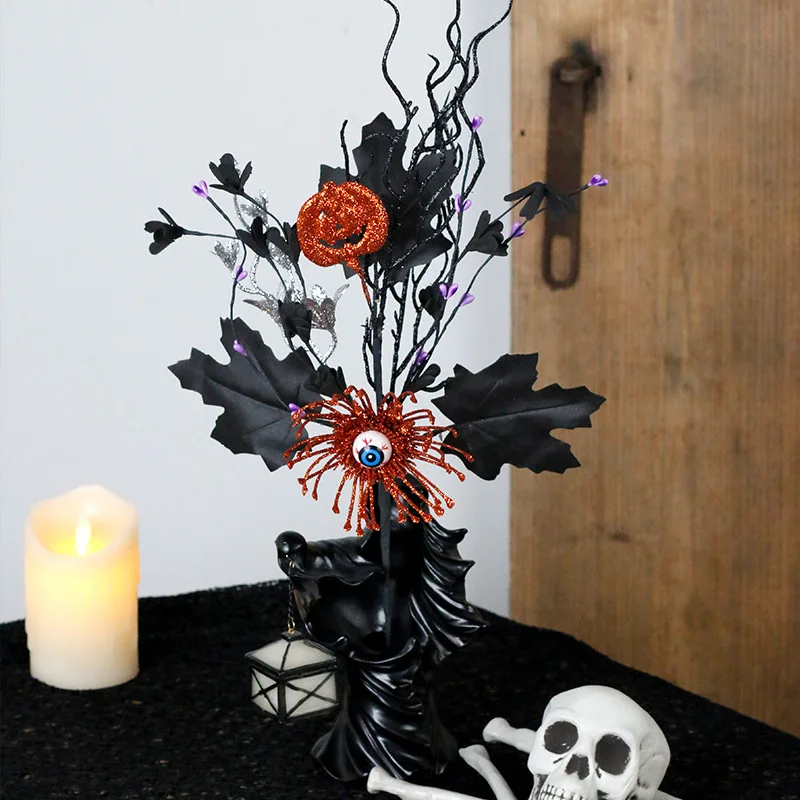 

1pcs Halloween Horror Decorations - Pumpkin Eyeball & Maple Leaf Flower Branch Cuttings, Ins Style Home Party Scary Props