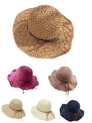 Women Summer's Straw Hat Handmade Fashion Bowknot Foldable Sunscreen Panama Wide Brim Outdoor UV Sun Portect Beach Cap Girl