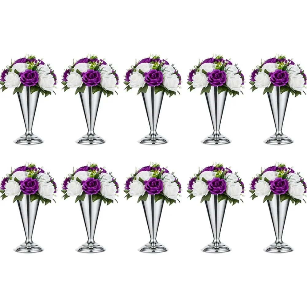 

Metal Wedding Flower Trumpet Vase, Table Decorative Centerpiece, Artificial Flower Accessories, 9.8 Inch, 10 Pcs