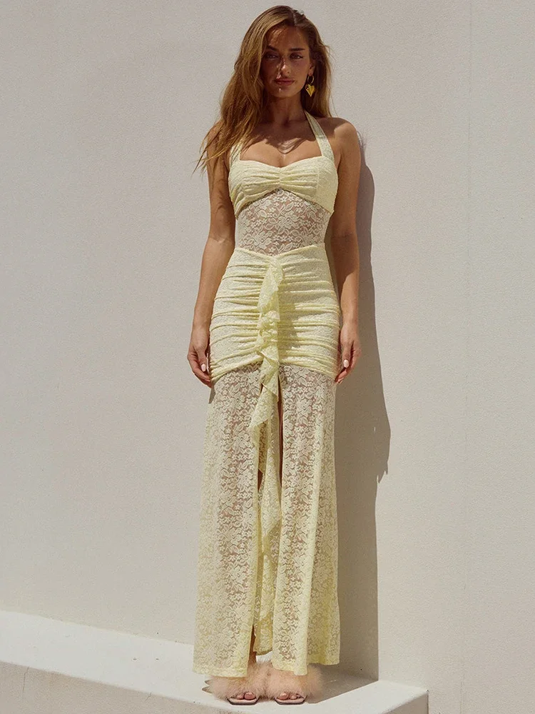 ลูกไม้เซ็กซี่ชุดMaxiผู้หญิงฤดูร้อนPatchwork HalterแขนกุดBackless Bodycon ClubชุดยาวElegant