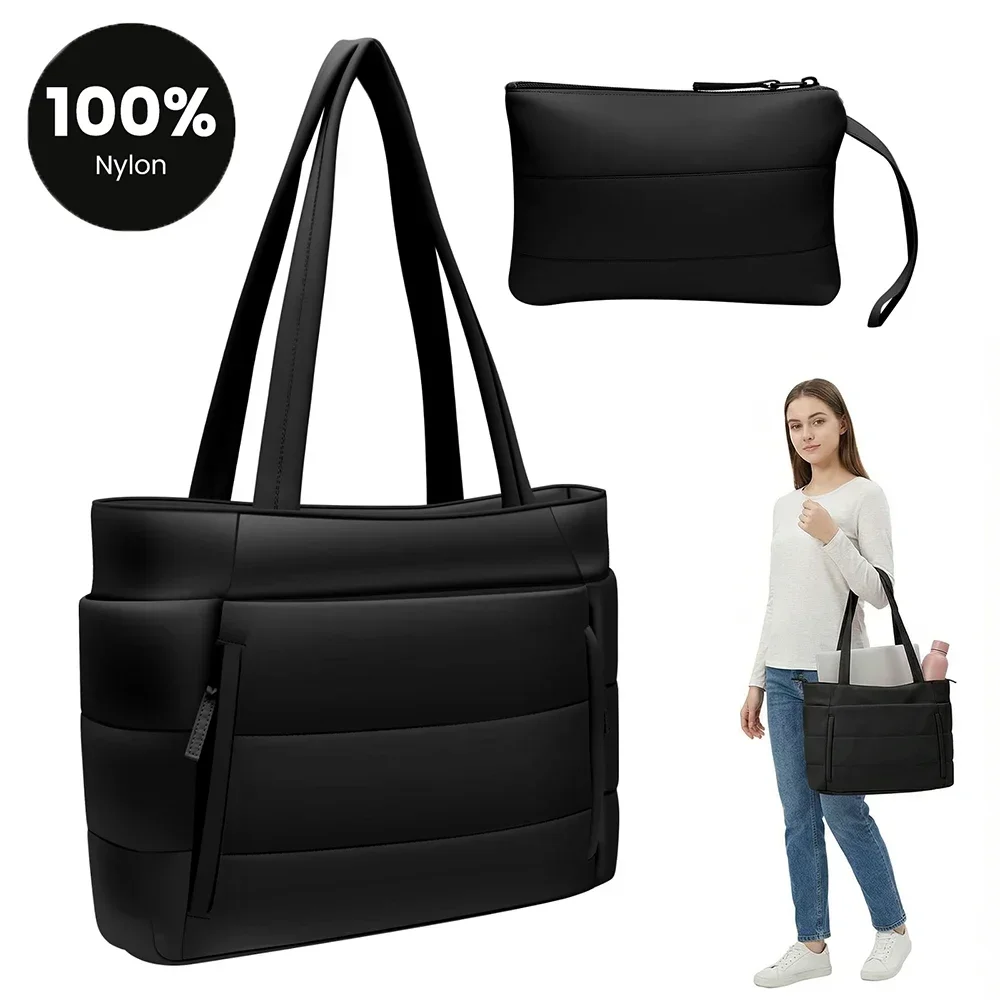 Puffer Tote Bag Large Capacity Quilted Shoulder Tote Bag with Pocket Lightweight Women Handbag for Work Travel Shopping Gym