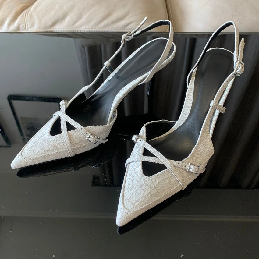 Sexy Pointed Toe High Heel Sandals for Lady Blue Denim Stilettos Fashion Buckle Strap Elegant Women\'s Shoes 2024 Summer Footwear