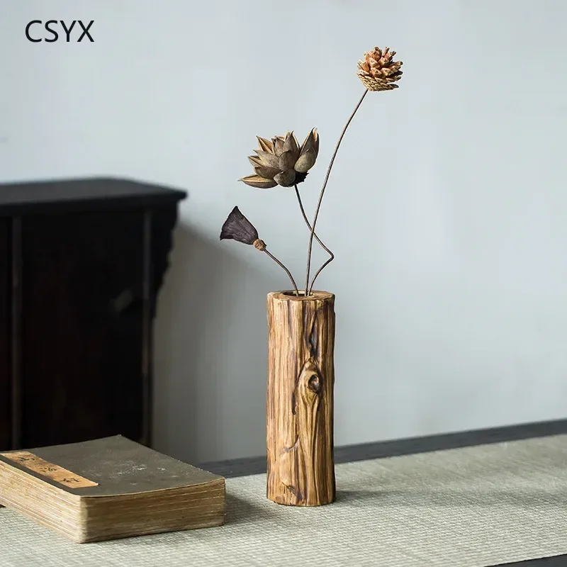 Jingdezhen Ceramic Wood-Grain Vase- Hydroponic & Dried Flower Retro Artistic Piece