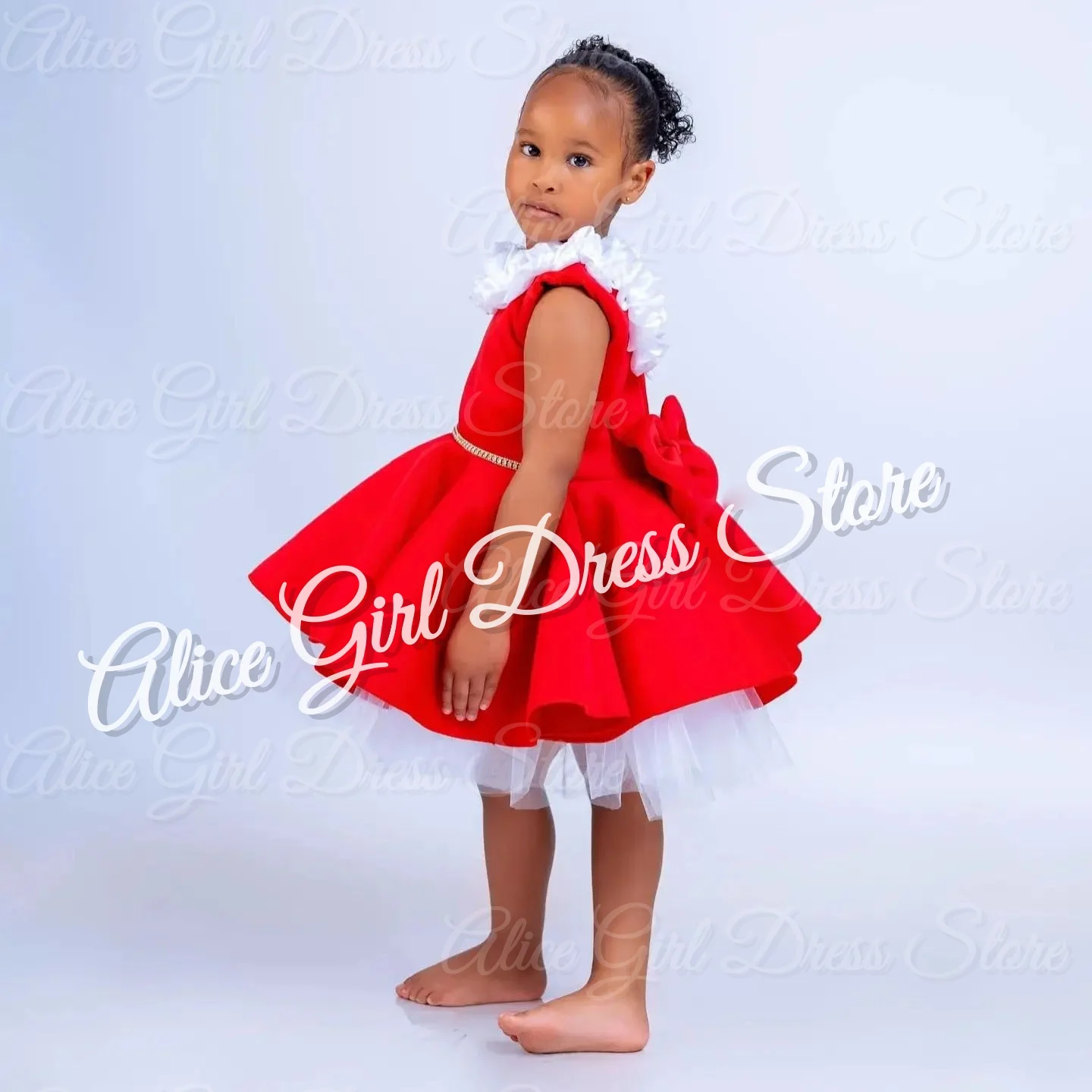 Customized Red Flower Girl Dresses for Wedding Bow Ruffles Sleeveless Baby Kids Birthday Gowns Princess First Communion Gowns