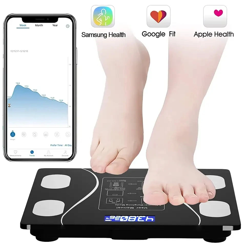 Electronic LED Digital Weight Balance Smart Scale, Tempered Glass Platform, Smartphone App, Body Fat