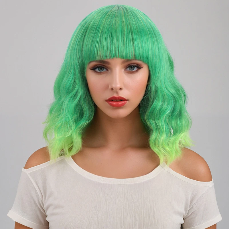 European and American style women's short curly hair wig with gradient green synthetic fiber