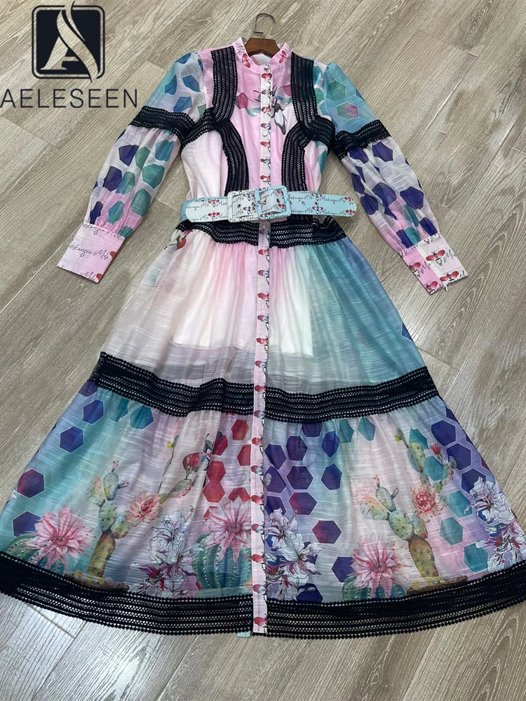 AELESEEN Runway Fashion Autumn Long Dress Women Full Sleeve Lace Patchwork Colorful Flower Print Belt Elegant Long Party