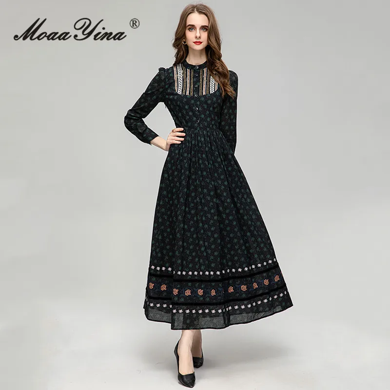 

MoaaYina Fashion Designer Summer Vintage Princess Dress Women's O-Neck Long Sleeve Single Breasted Ruched Print Long Dress