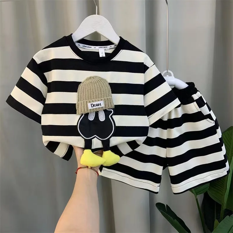 Short Sleeve Pullover Summer Outfits Baby Boys Striped Set Fashion Leisure Korean T-Shirt And Shorts 2pcs For Children 1-8Y Wear