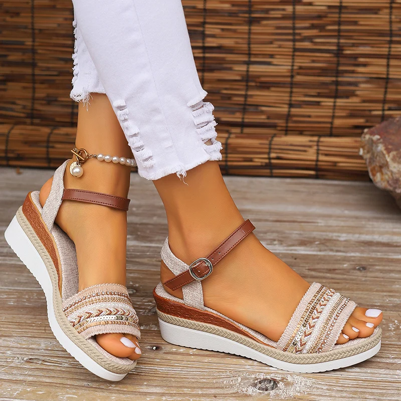 Women\'s Braided Casual Sandals Buckle Strap Platform Wedge Sandles for Women 2024 Summer Light Non Slip Walking Sandalias Mujer