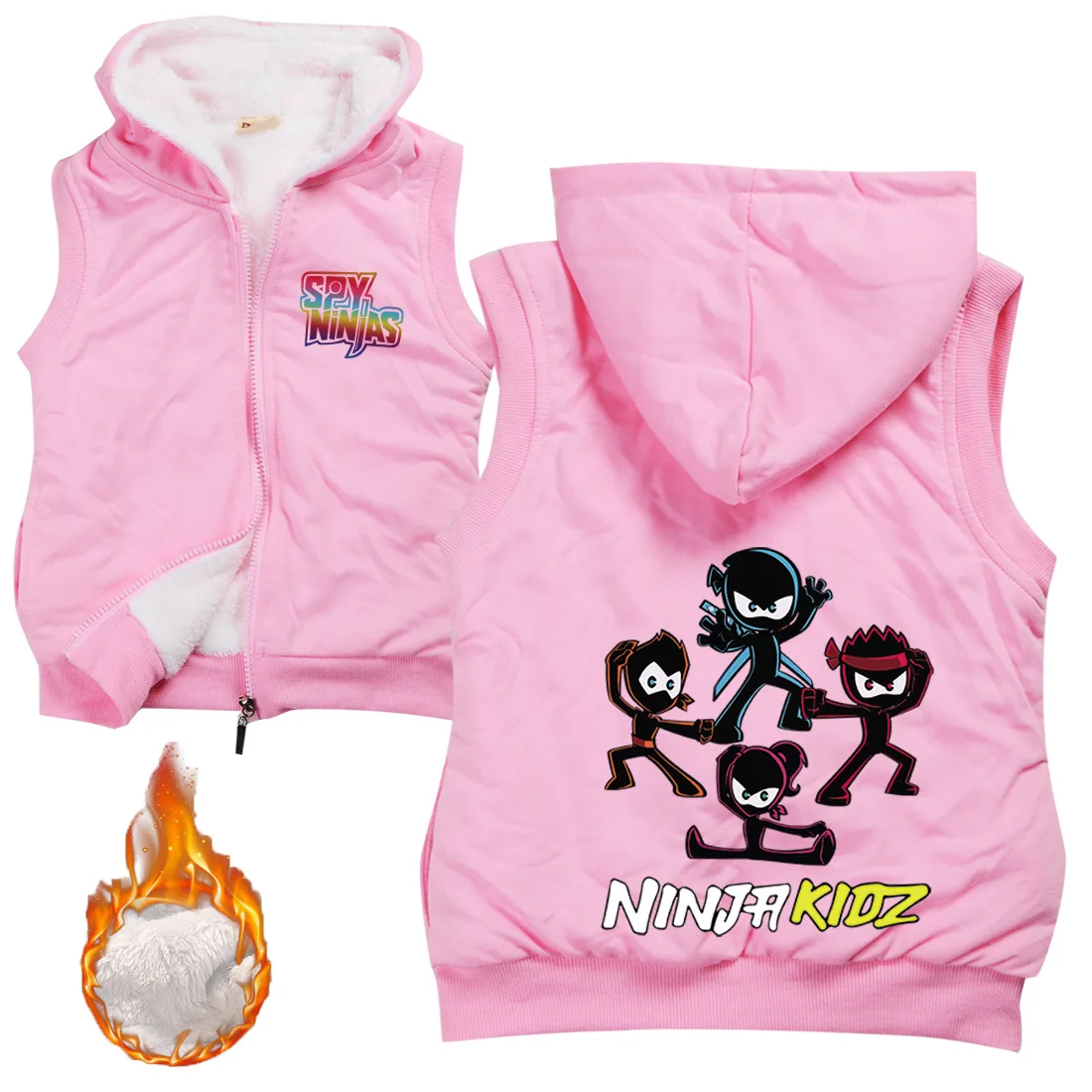 New Kids Thicken Winter Hoodie Children Cartoon Clothes NINJA KIDZ Baby Boys Hoody Zipper Vest Jacket Girls Warm Velvet Outwear