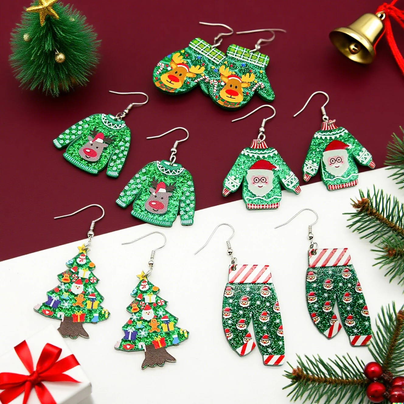 5 pairs of Christmas-themed earrings, Santa Claus Tree gift element earrings, women's holiday accessories, suitable for daily gi