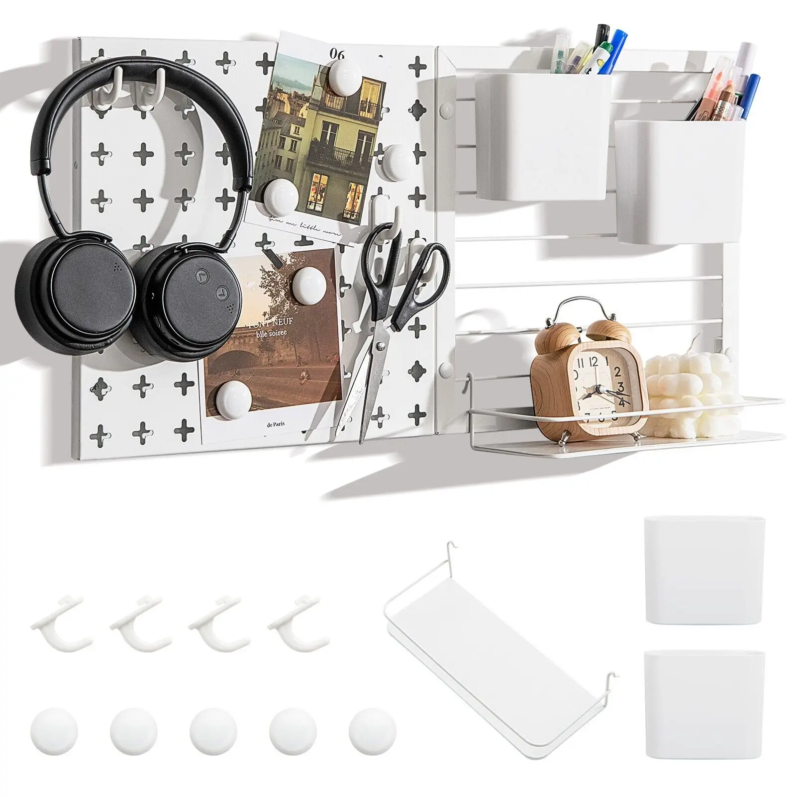 GOFLAME Pegboard Combination Kit Metal Pegboard Wall Organiser with Shelf 2 Containers