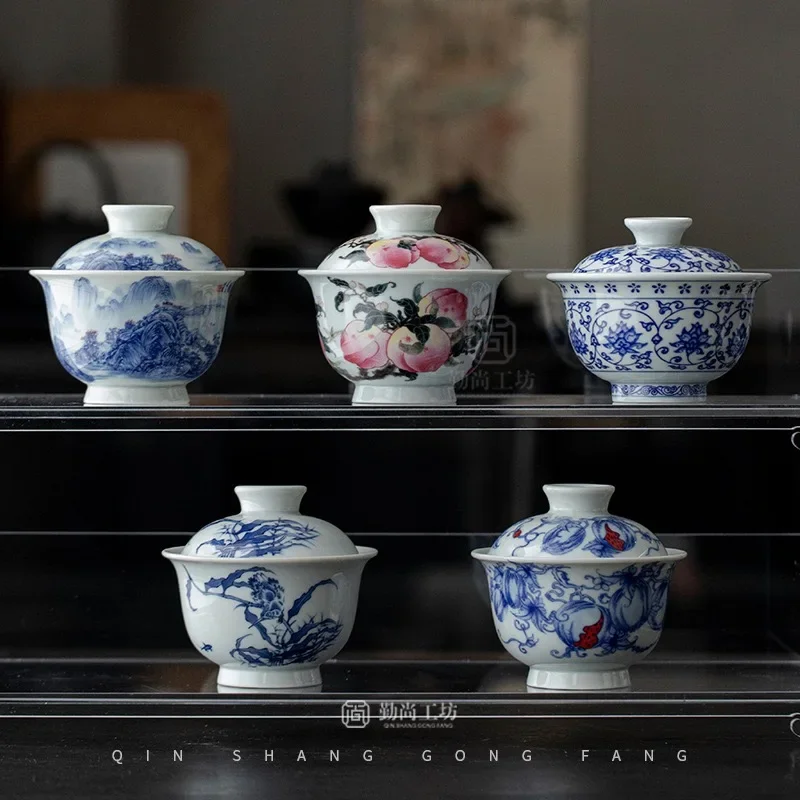 Jingdezhen Antique Blue and White Ceramic Cover Bowl Retro Kung Fu Tea Set Household Not Hot Tea Bowl Hand Grab Bowl Decoration