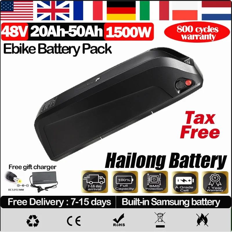 48v Hailong 13ah 20ah 24 40ah 50ah Battery 48v 30ah EBicycle V20 Fatbike Accu XGo Bateria 750w Ebike Battery Down Tube Batterij