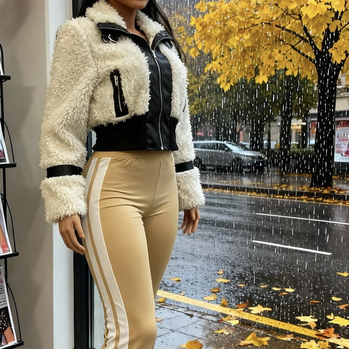 Damska skórzana kurtka z przeszyciami, pikowana, z polaru, krótka, z kołnierzem, z długim rękawem, zapinana na zamek, dopasowana, codzienna, jesień-zima 2025