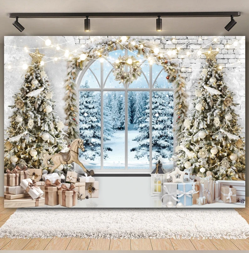 Winter Christmas Backdrop White Wood Window Snow Forest Scene Xmas Tree Gift Fireplace Family Party Photography Background Decor