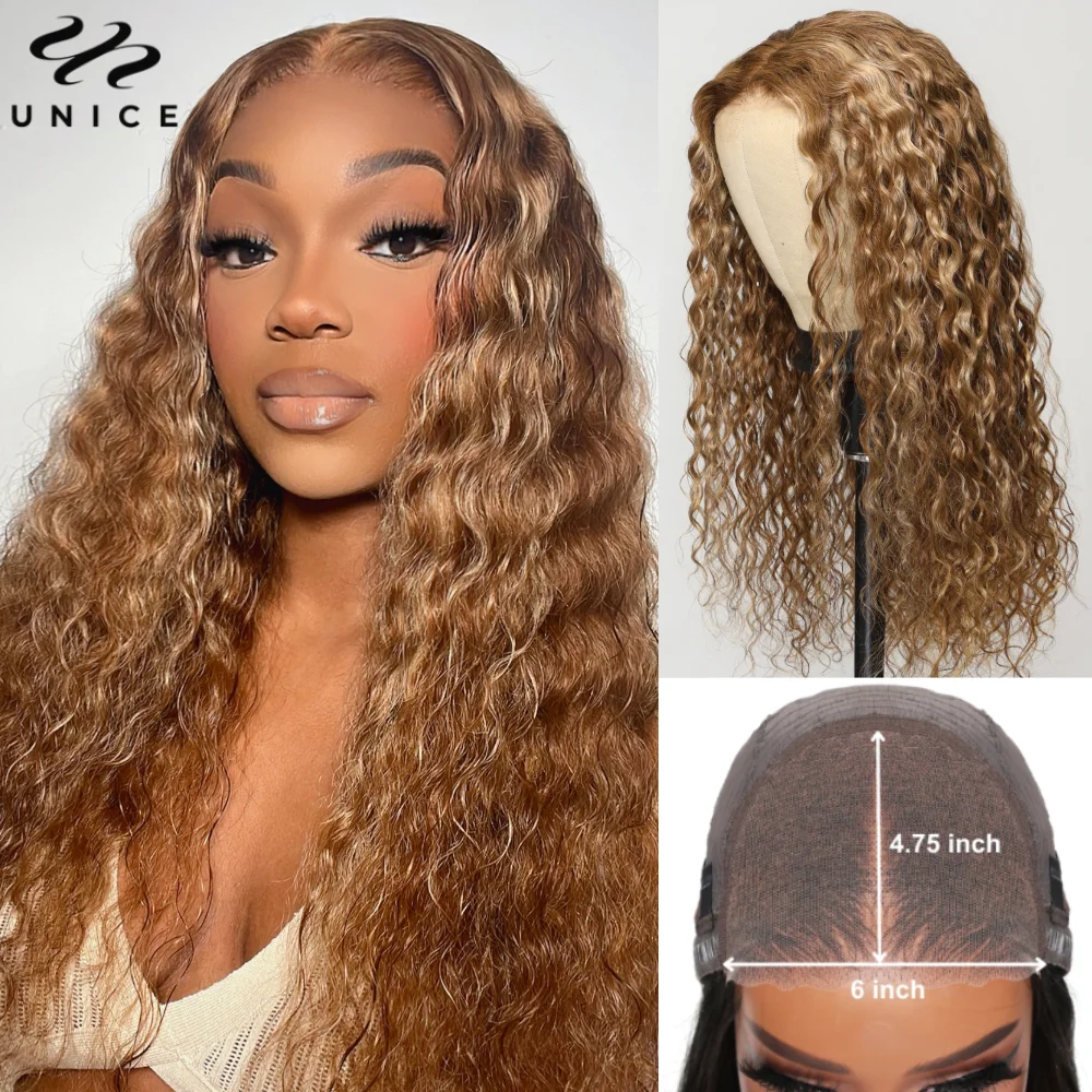 UNice Hair Honey Blonde Highlight Water Wave Wig Pre Cut 6x4.75 Lace Wig Human Hair Ready To Wear Go Glueless Wigs for Women