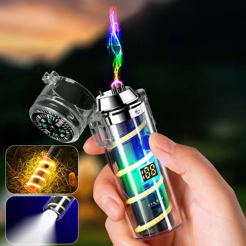 Transparent Case Compass Windproof Pulse Dual Arc Type C Rechargeable Lighter LED Digital Power Display Illuminator Gift for Men