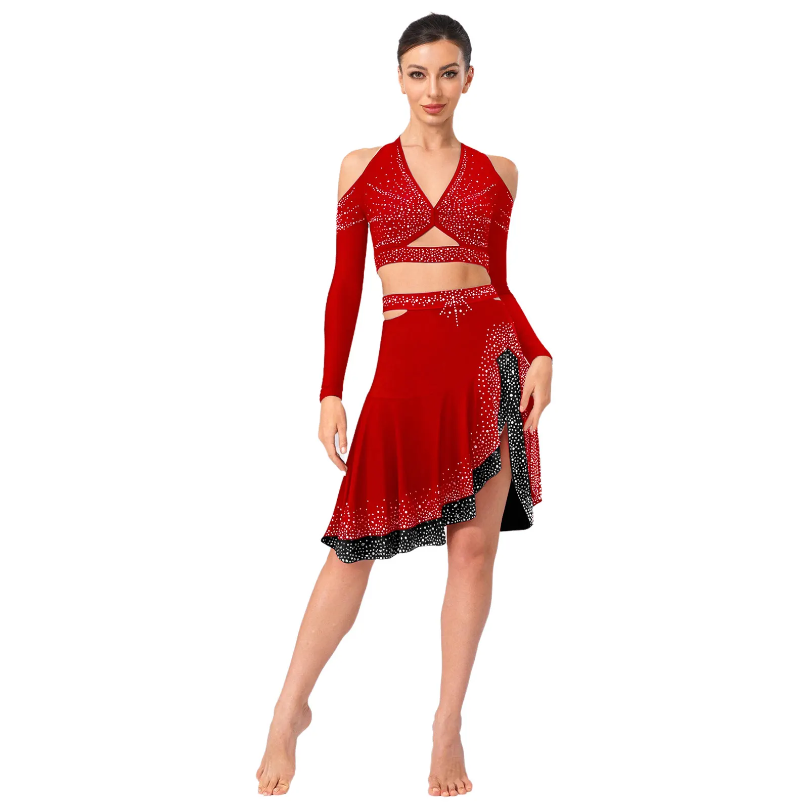 

Womens Salsa Dance Costume Shiny Backless Crop Top with Ruffled Skirt 2 Piece Latin Dance Costume Set for Stage Ballroom Shows