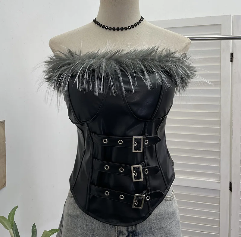 

Retro Pu Leather Splicing Fluffy Strapless Tube Top Punk Leather Buckle Waist Y2k Crop Top for Women