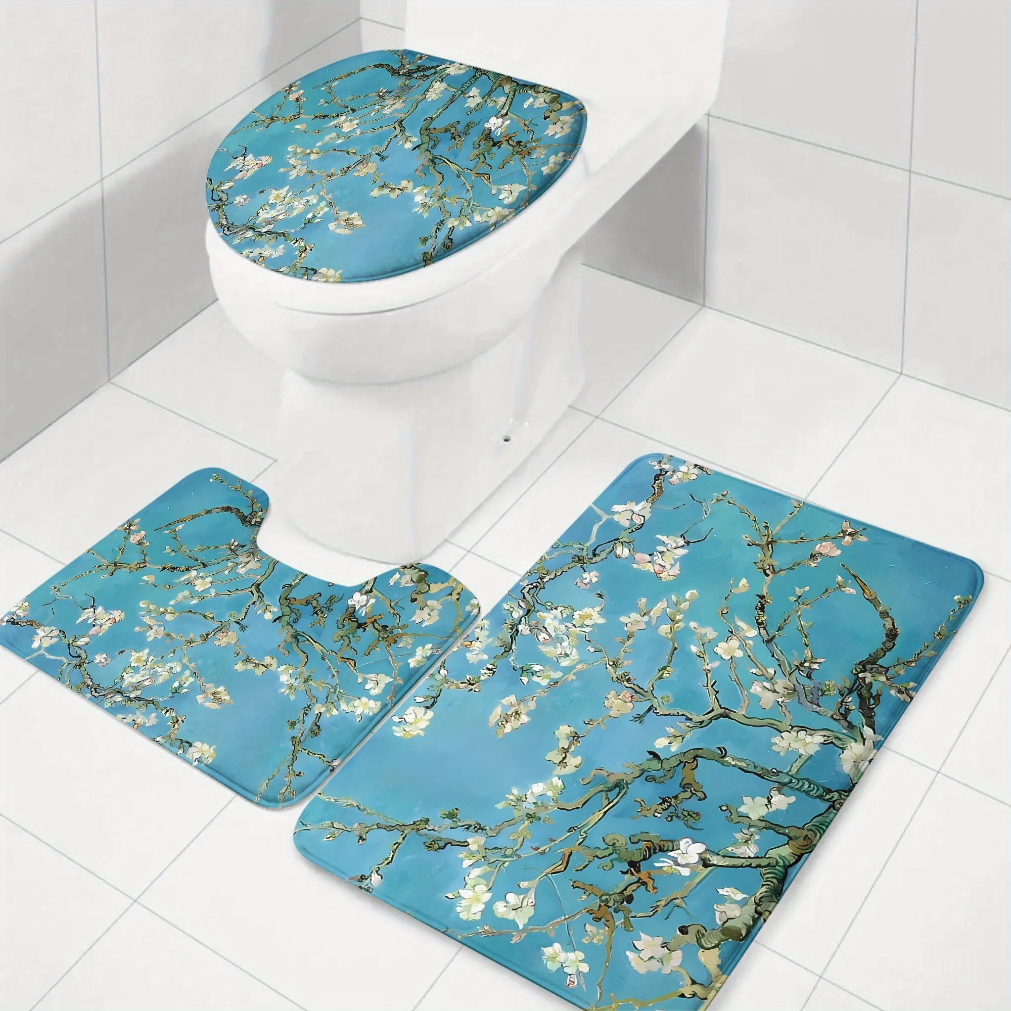 

Almond Flower Bath Set Three-piece Toilet Lid and U-shaped Carpet Non-slip Elegant Art Bathroom Decor