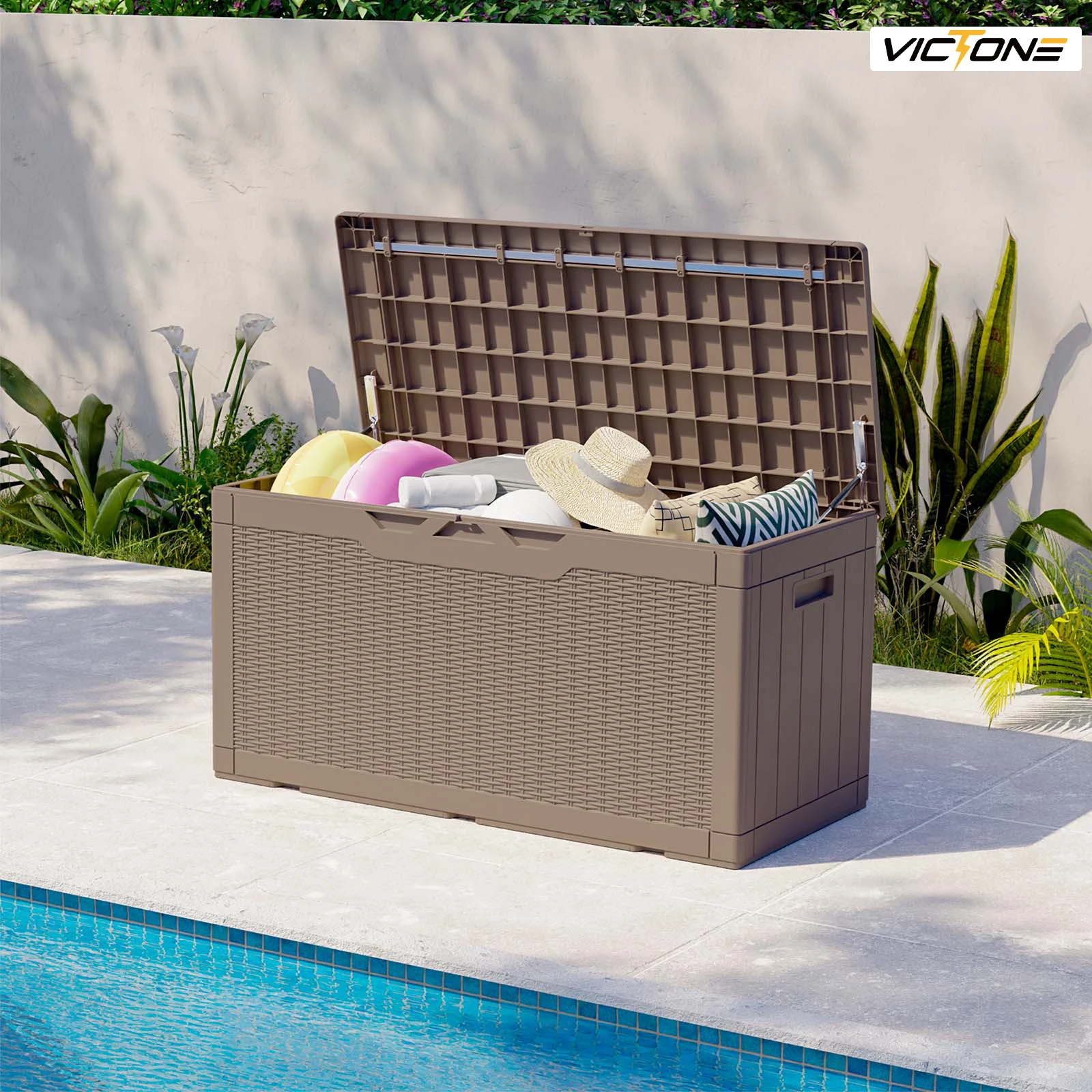 Victone 100 Gallon Resin Deck Box, Waterproof Large Outdoor Storage Box with Padlock for Patio Furniture Toys and Garden, Brown