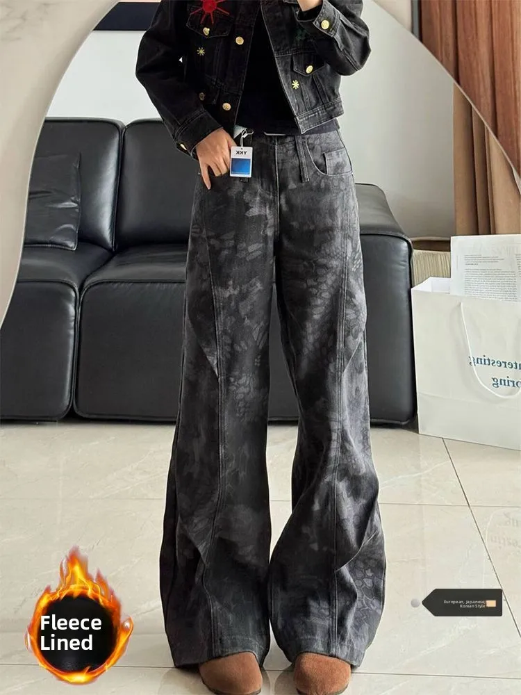 

Ретро-джинсы в американском стиле с высокой талией, окрашенные, женские, осенне-зимние, новые, прямые брюки, зауженные джинсы, джинсы с высокой талией