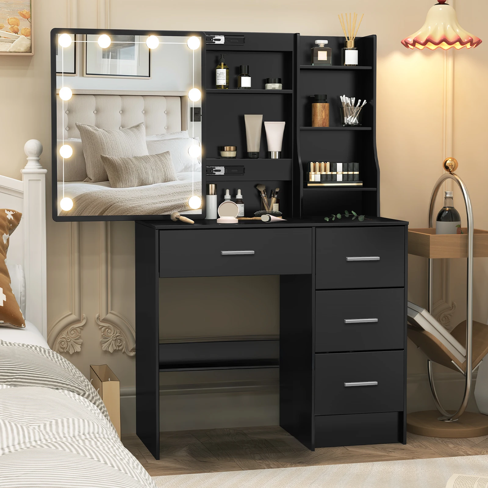 Table de coiffeuse noire avec miroir coulissant et 3 modèles de lumières LED, coiffeuse de maquillage