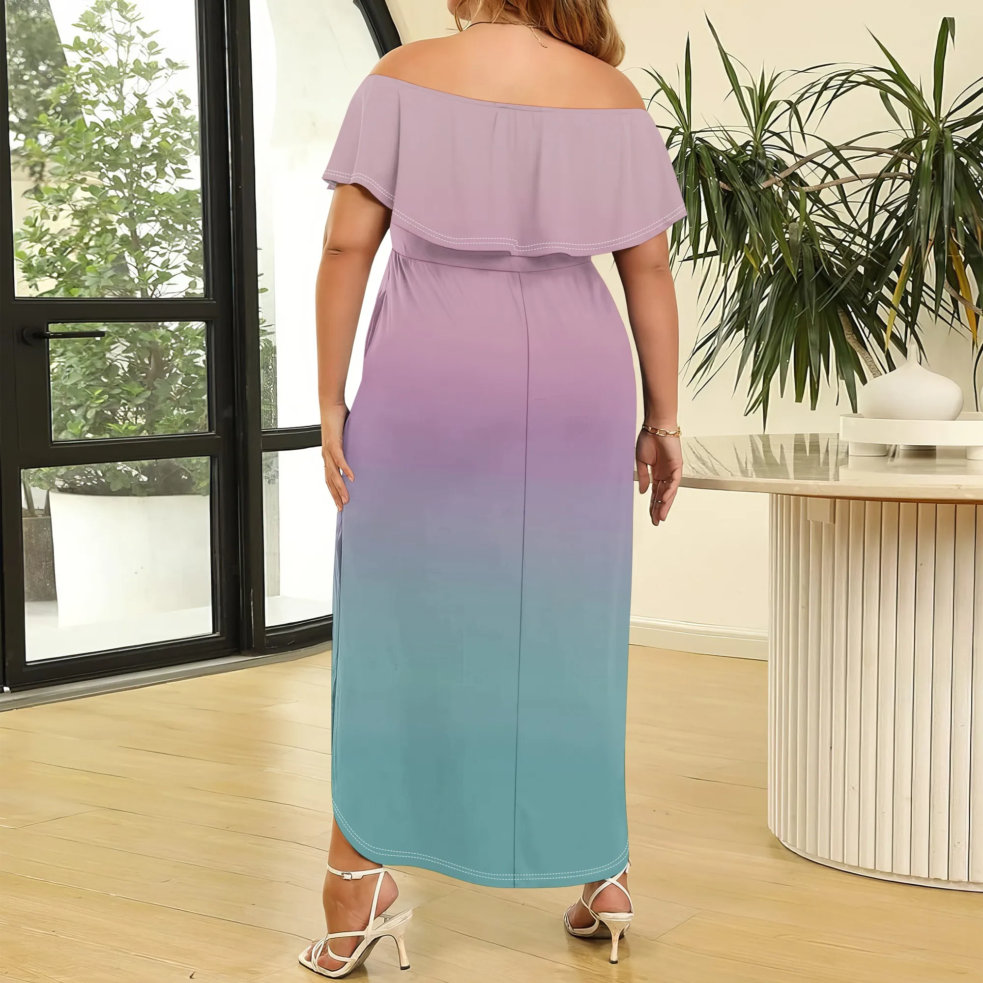 

Women's Upper Flounce Layer Off Shoulder Plus Size Slit Maxi Dress