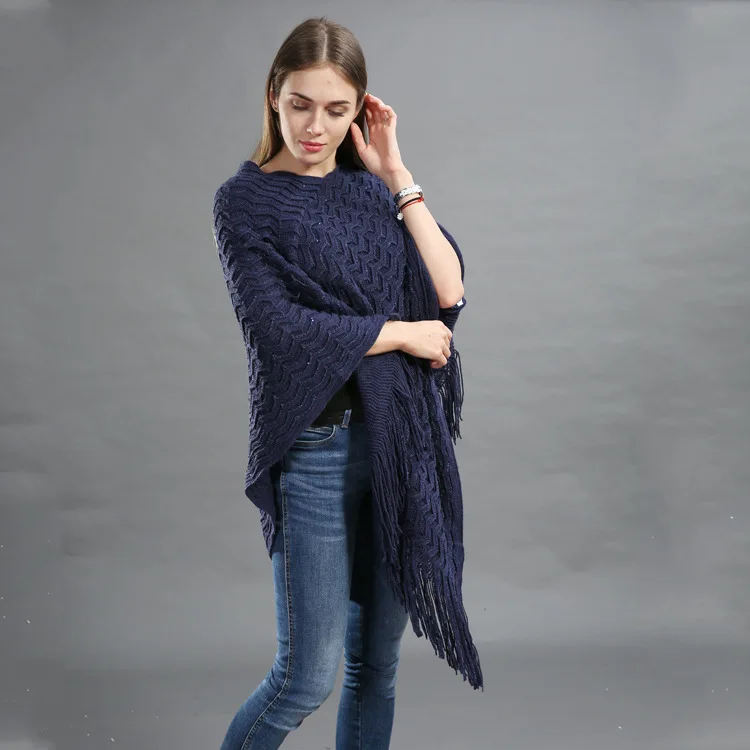 

Spring Autumn Women Loose Versatile Solid Knitwear Pullover Fashion Street Poncho Lady Capes Navy Cloaks